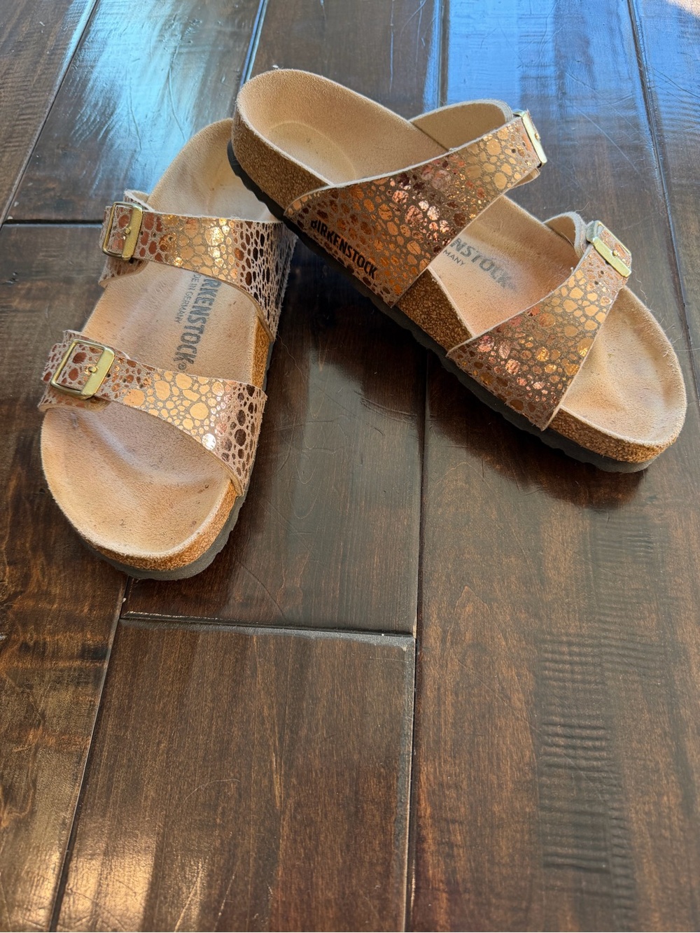 Birkenstock Metallic Copper Two-Strap Sandal, rose gold cheetah like print